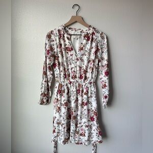 LOFT White Floral Midi Dress with Pink and Red Flowers